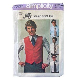 70s Simplicity 7701 Sewing Pattern Size 34 Mens Jiffy Vest & Tie Retro 1976 CUT